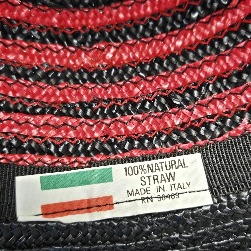 VINTAGE 100% NATURAL STRAW WOVEN HAT BLACK & RED SWIRL ITALY WOMEN OS WHIMSIGOTH - Picture 8 of 13